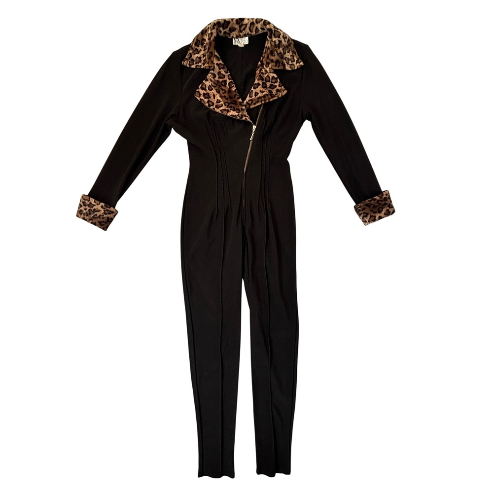 Vintage Tower USA Black Jumpsuit Leopard Faux Fur Trim Pintuck Large C5319